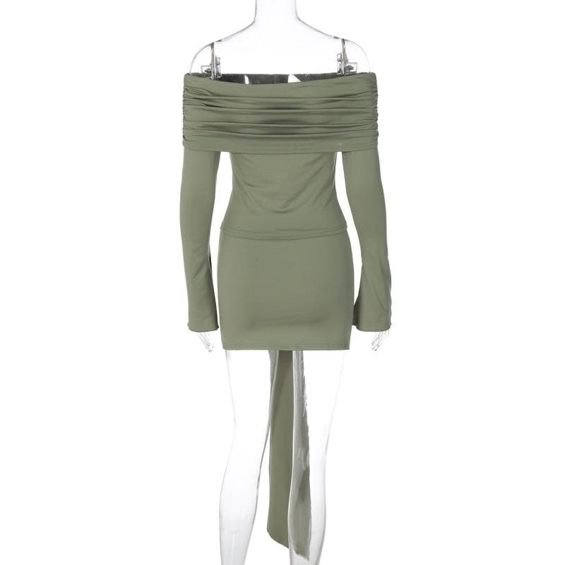 Trendy Fall Nights: Ruched Off-Shoulder Crop Top & Asymmetrical Mini Skirt Set