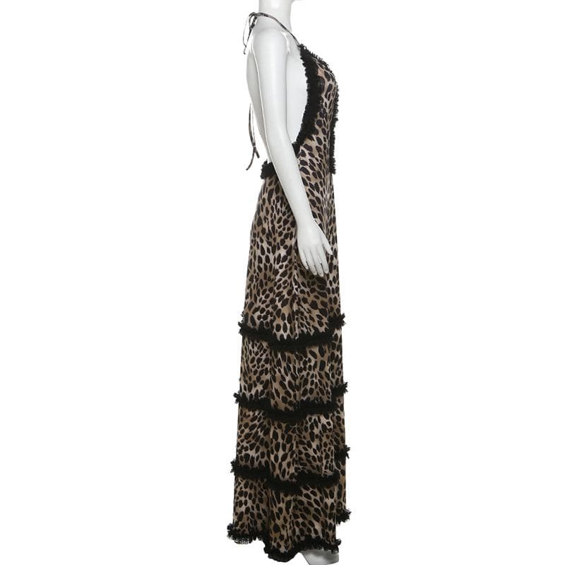 Fall Rendezvous: Luxe Leopard Ruffle Halter Maxi Dress – Your Head-Turning Style Statement