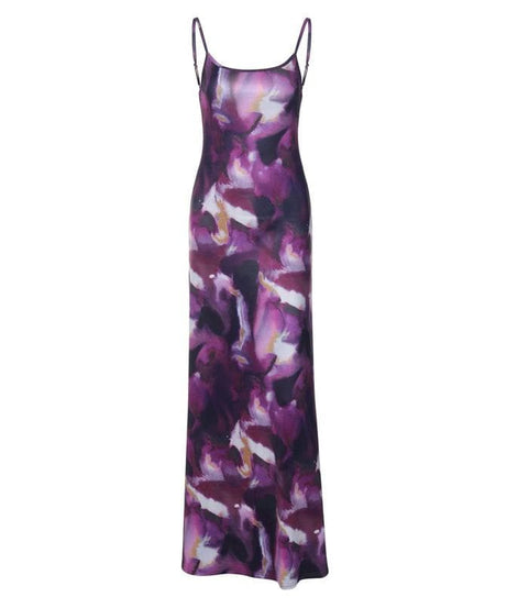 Elegant Amethyst Watercolor Maxi Dress - Square Neck Backless Slip for Fall/Holiday Season