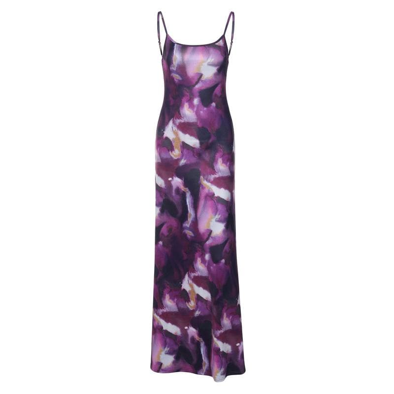 Elegant Amethyst Watercolor Maxi Dress - Square Neck Backless Slip for Fall/Holiday Season