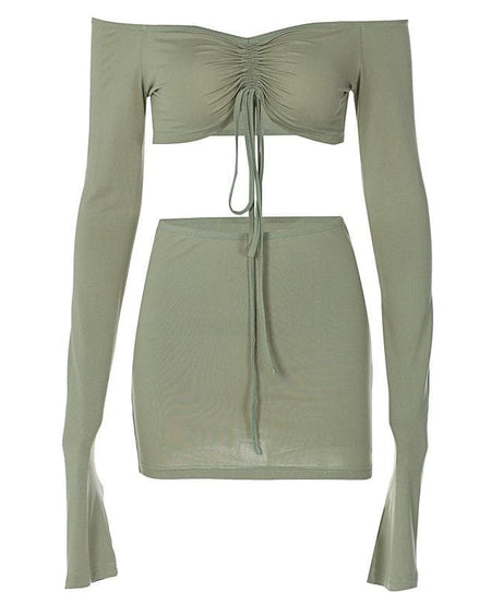 Fall Night Out Ready: Chic Off-Shoulder Cut-Out Mini Skirt Set with Drawstring Detail