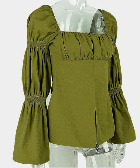 Autumn Chic: Olive Green Smocked Square Neck Blouse with Statement Puff & Bell Sleeves