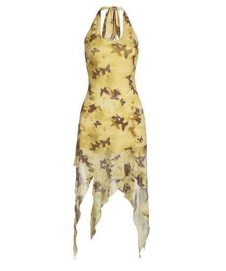 Whimsical Butterfly Halter Midi Dress | Boho Fairycore Asymmetrical Ruffle for Fall Getaways