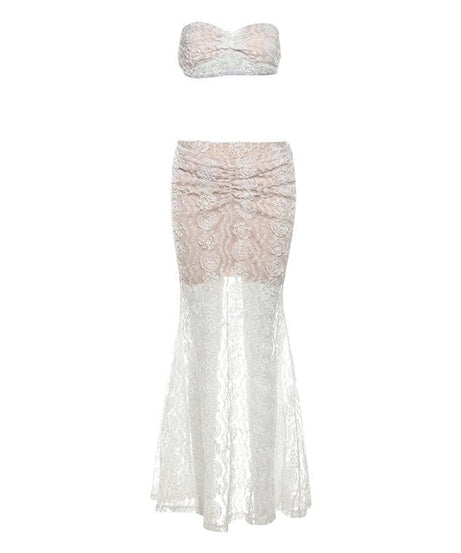 Elegant Floral Lace Two-Piece Set: Bandeau Top & Mermaid Maxi Skirt – Holiday & Wedding Guest Ready