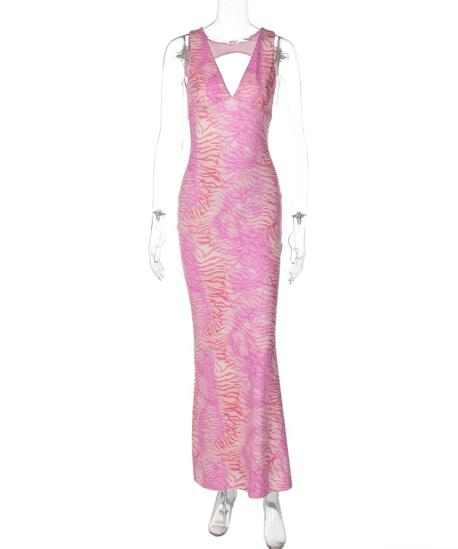 Chic Pink Zebra Maxi Dress - V-Neck Open Back for Fall & Holiday Parties