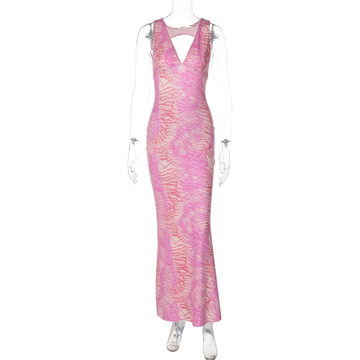 Chic Pink Zebra Maxi Dress - V-Neck Open Back for Fall & Holiday Parties