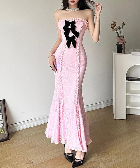 Romantic Blush Pink Lace Mermaid Maxi Dress with Chic Velvet Bow - Your Statement Piece for Fall & Holiday Events