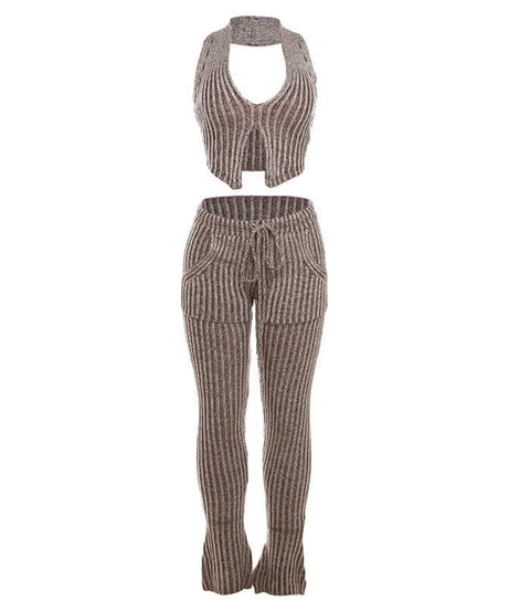 Effortless Chic Striped Knit Halter Top & Lounge Pants Set - Fall Comfort Must-Have