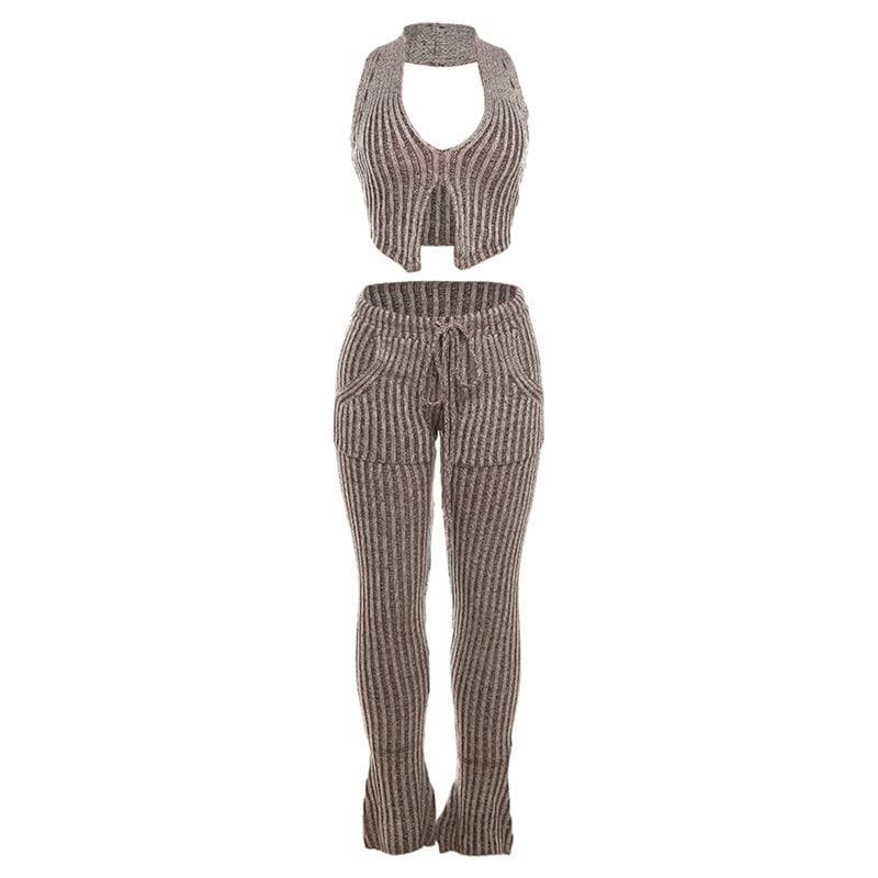 Effortless Chic Striped Knit Halter Top & Lounge Pants Set - Fall Comfort Must-Have