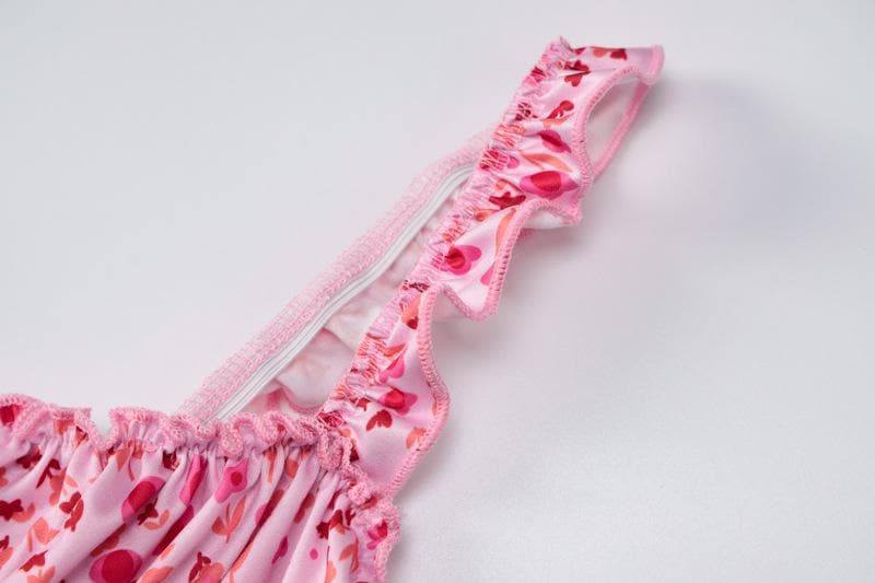 Vibrant Pink Floral Ruched Midi Dress with Ruffle Straps - Chic & Backless for Fall