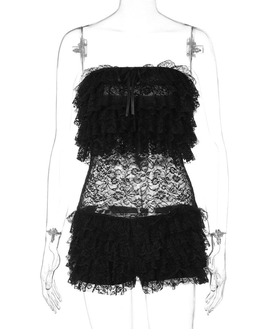 Sexy Black Lace Ruffle Romper - Strapless Tube Top Playsuit for Halloween & Fall Parties