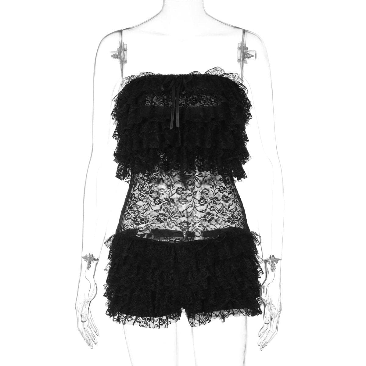 Sexy Black Lace Ruffle Romper - Strapless Tube Top Playsuit for Halloween & Fall Parties