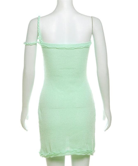 Chic Sage Green Knitted Mini Dress - Tie Strap Ruffle Bodycon for Fall Parties & Getaways