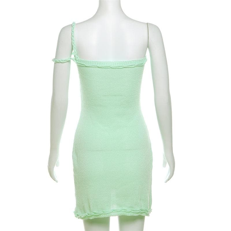 Chic Sage Green Knitted Mini Dress - Tie Strap Ruffle Bodycon for Fall Parties & Getaways
