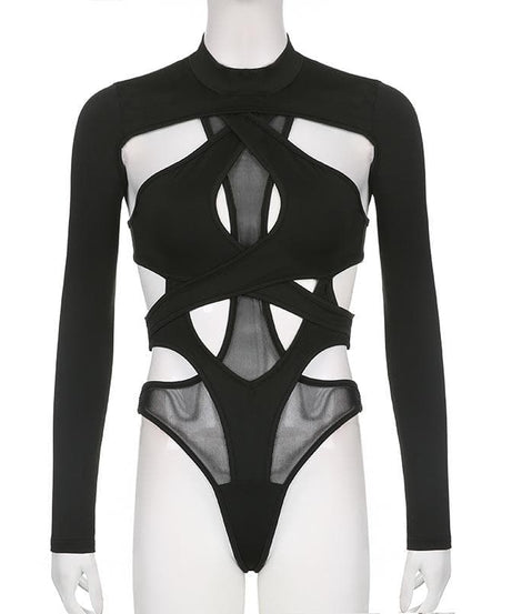 Edgy Long Sleeve Cutout Mesh Bodysuit - Your Daring Night Out & Halloween Statement Piece
