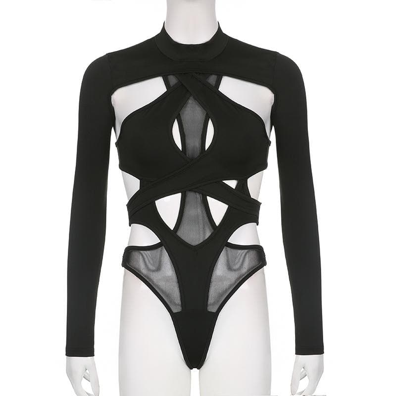 Edgy Long Sleeve Cutout Mesh Bodysuit - Your Daring Night Out & Halloween Statement Piece