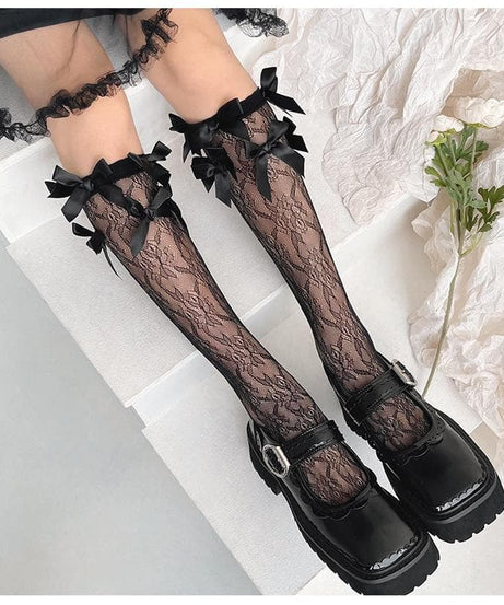 Romantic Lace Bow-Accent Sheer Knee-High Socks for Fall & Holiday Styling
