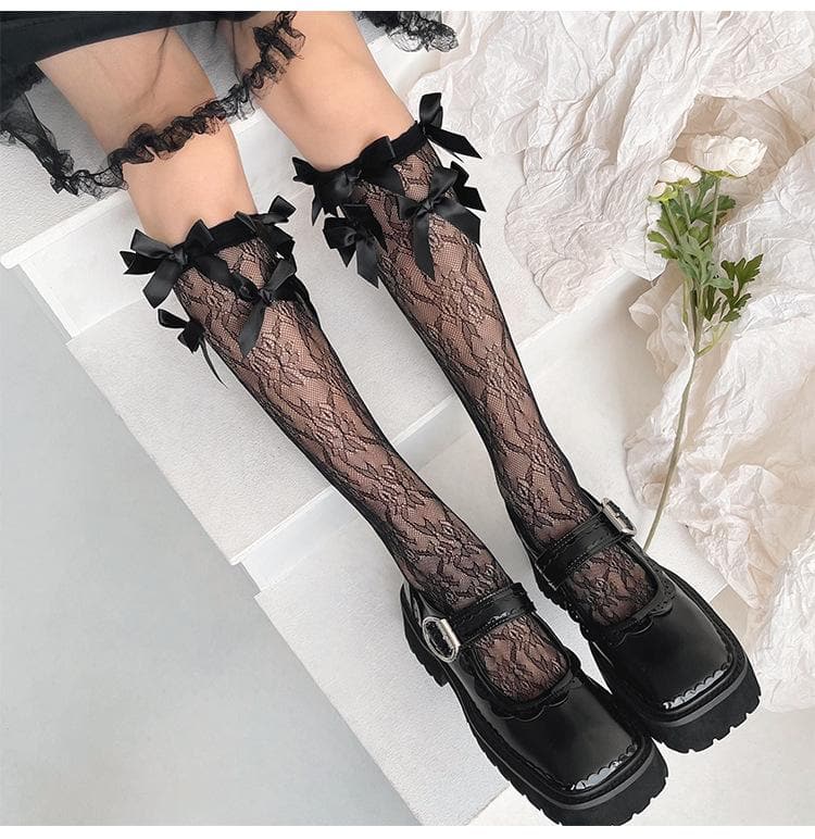 Romantic Lace Bow-Accent Sheer Knee-High Socks for Fall & Holiday Styling