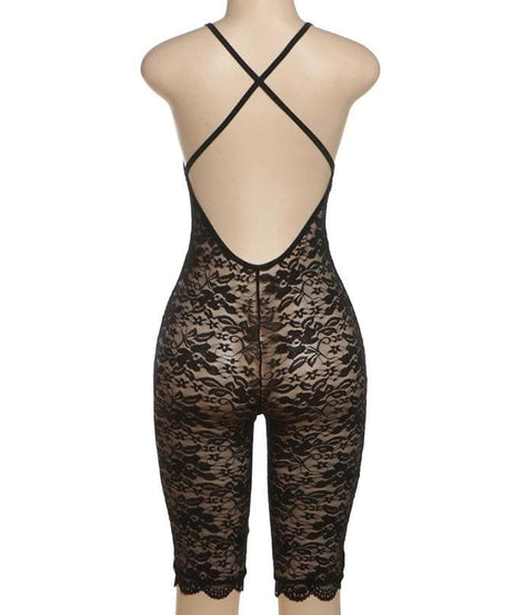 Sultry Black Lace V-Neck Romper Bodysuit – Chic & Flirty for Fall Nights