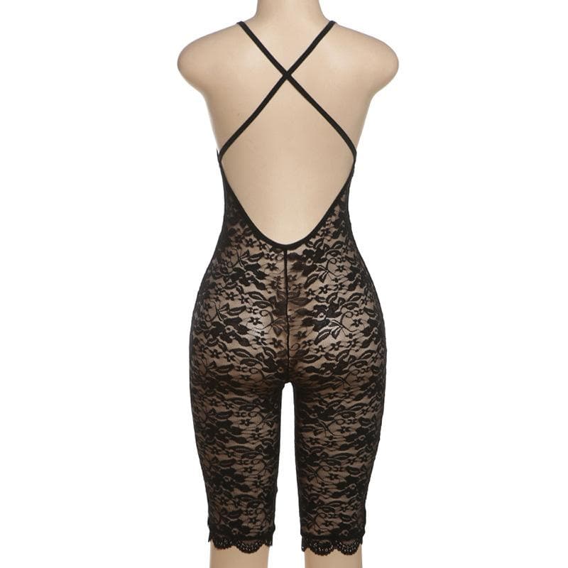 Sultry Black Lace V-Neck Romper Bodysuit – Chic & Flirty for Fall Nights