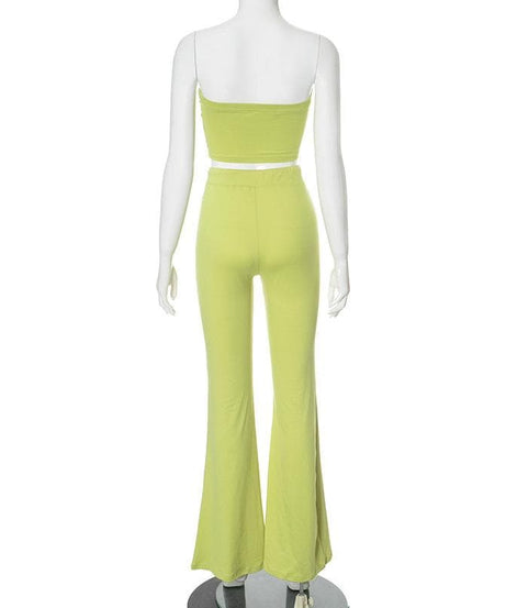 Y2K Chic: Vibrant Lime Green Flare Pant & Tube Top Matching Set – Your Go-To Fall Athleisure Vibe