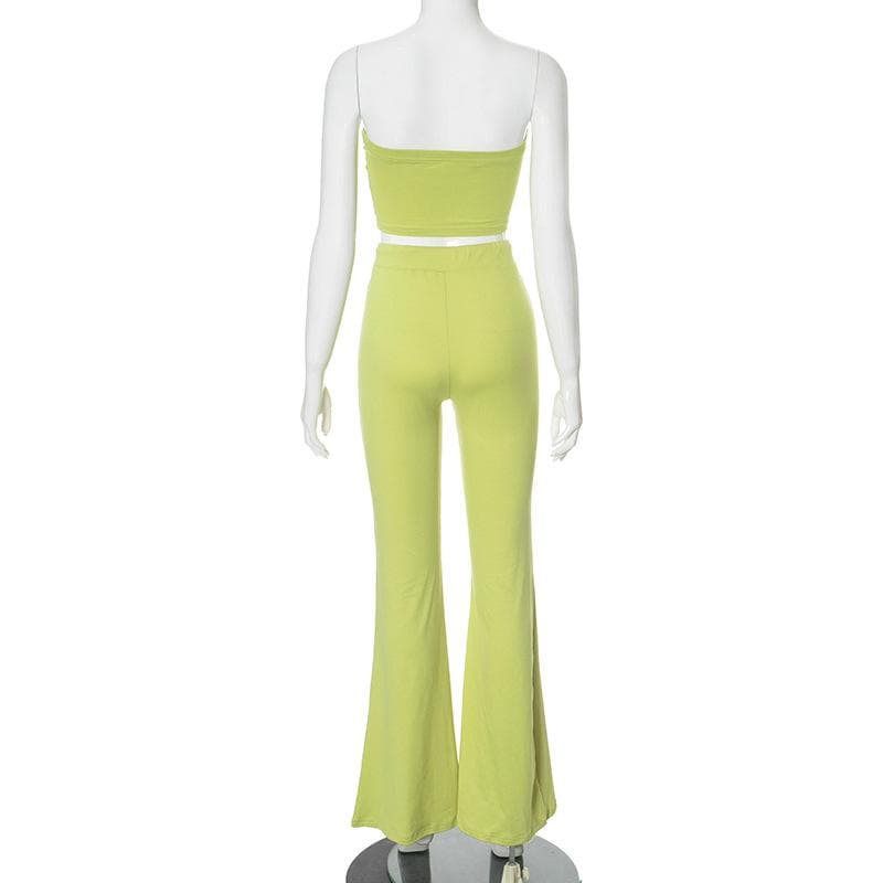 Y2K Chic: Vibrant Lime Green Flare Pant & Tube Top Matching Set – Your Go-To Fall Athleisure Vibe