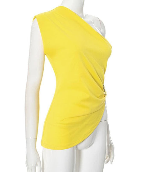 Radiant Yellow One-Shoulder Statement Top - Chic Ruched Buckle Accent for Fall Evenings