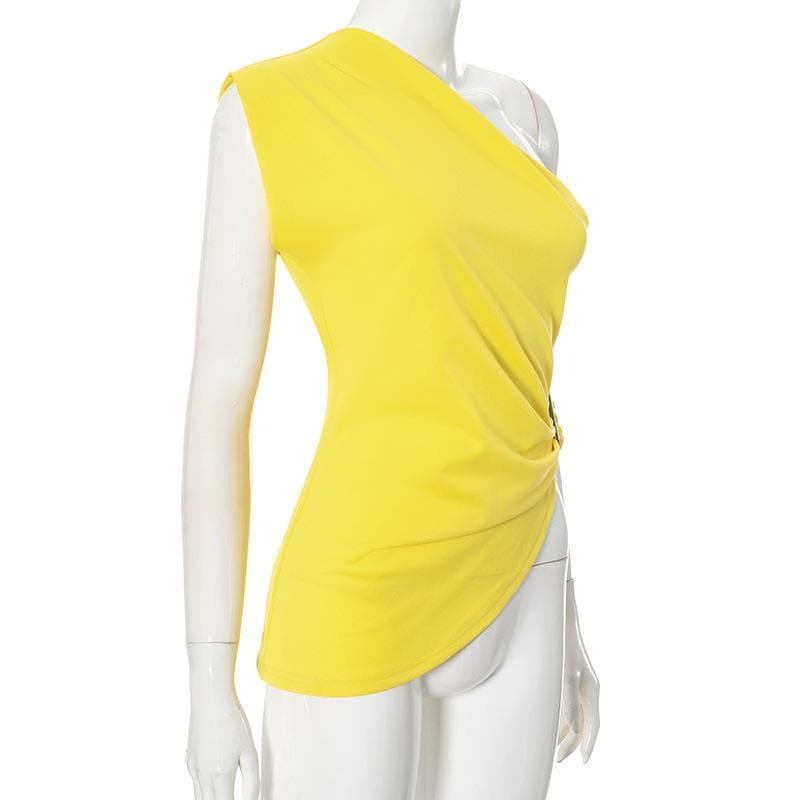 Radiant Yellow One-Shoulder Statement Top - Chic Ruched Buckle Accent for Fall Evenings