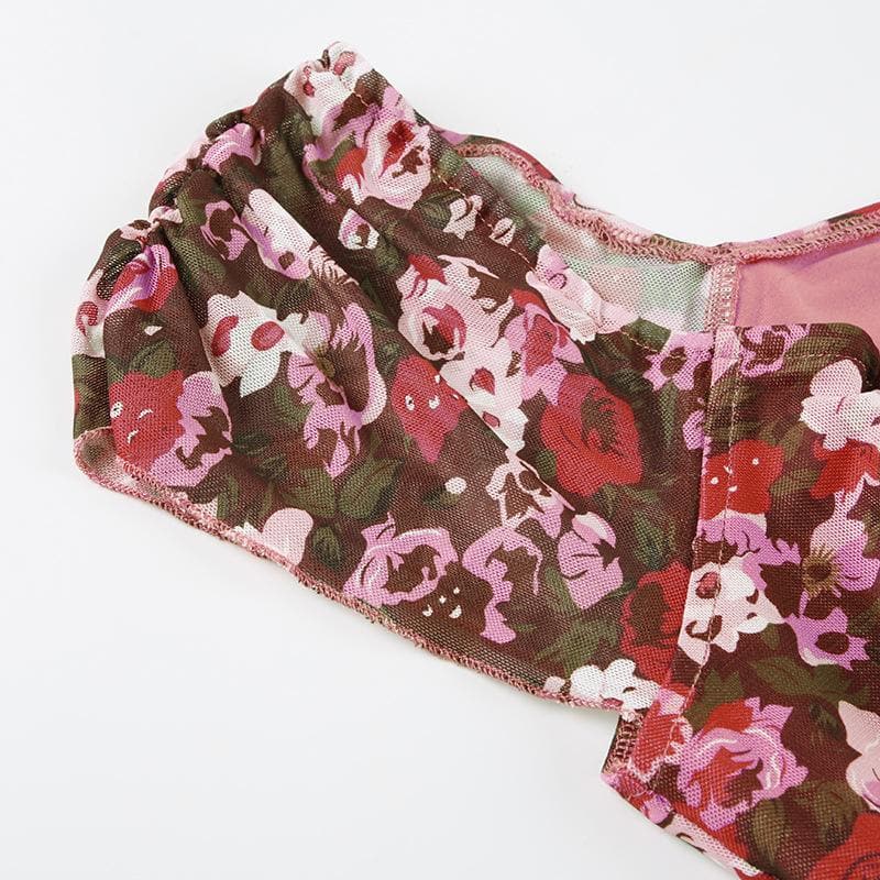 Flirty Fall Floral Mesh Mini Dress - Y2K Sweetheart Cap Sleeve Bodycon