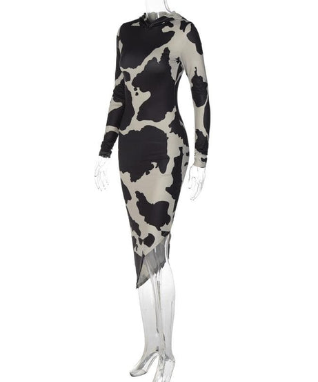 Fall Trend Alert: Cow Print Mock Neck Long Sleeve Bodycon Midi Dress with Asymmetrical Hem