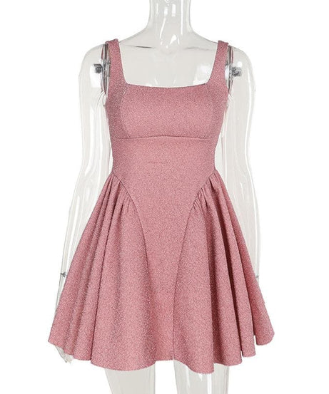 Glam Pink Shimmer Mini Dress - Square Neck A-Line for Fall & Holiday Parties
