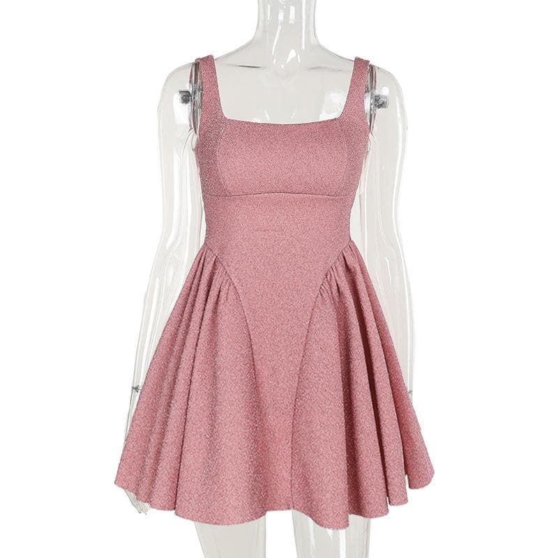 Glam Pink Shimmer Mini Dress - Square Neck A-Line for Fall & Holiday Parties
