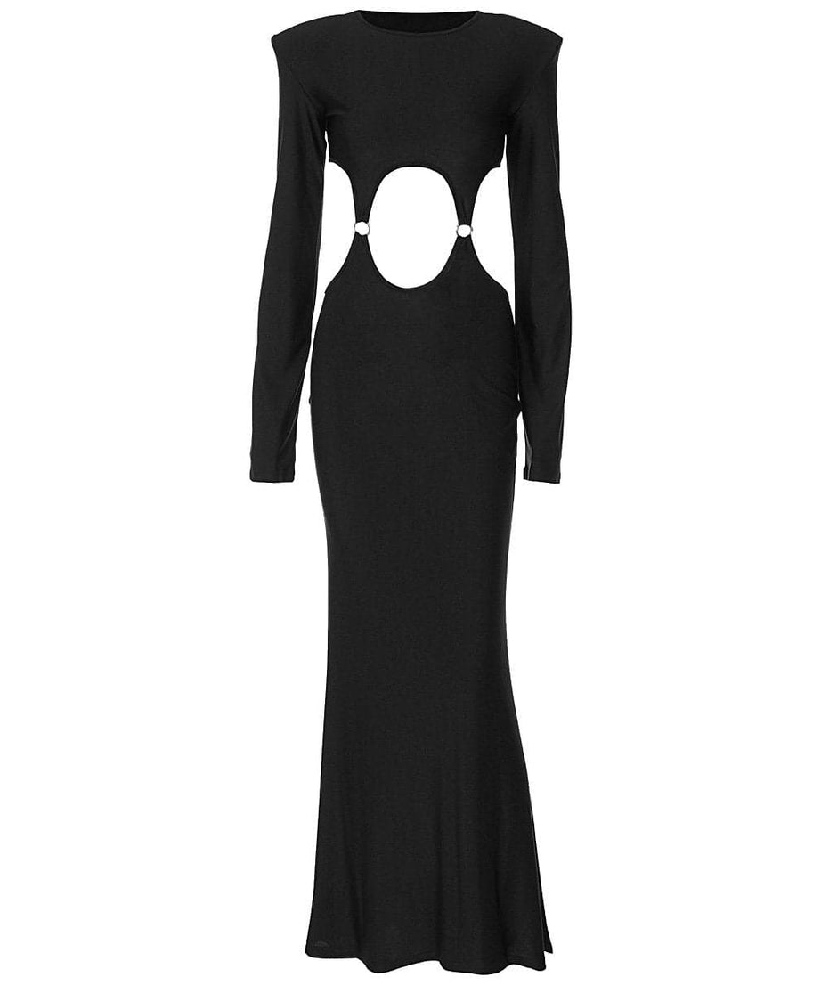 Alluring Black O-Ring Cut-Out Maxi Dress - Fall & Holiday Party Statement