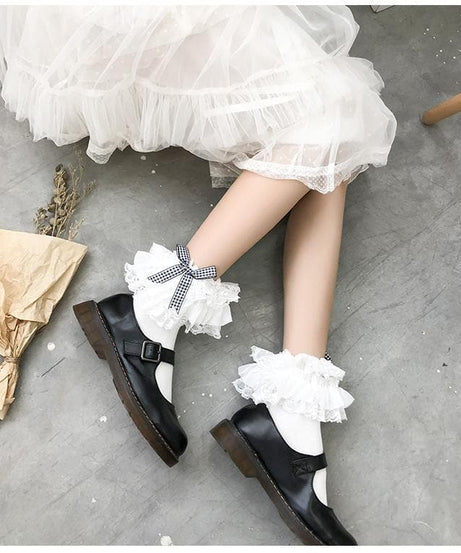 Sweet Gingham Bow Ruffled Lace Ankle Socks | Vintage-Inspired Fall Charm