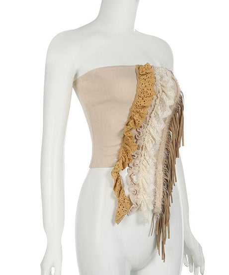 Fall Fringe Flair: Boho Layered Lace & Ruffle Tube Top for Women