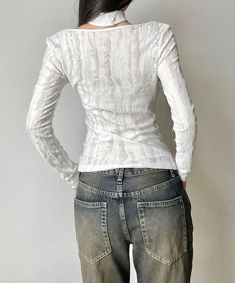 Edgy Distressed Cowl Neck Long Sleeve Top & Choker Set - Grunge & Y2K Fall Fashion for Women