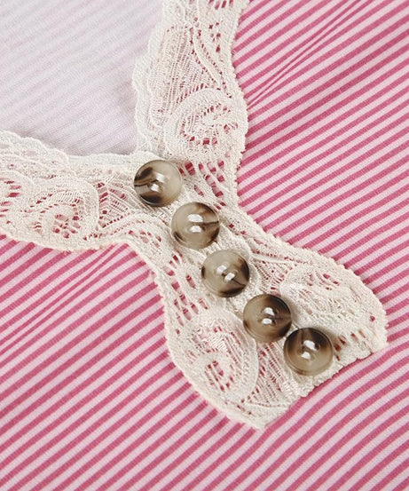 Chic Pink Striped Lace Henley Top – Cozy Fall Essential for Women
