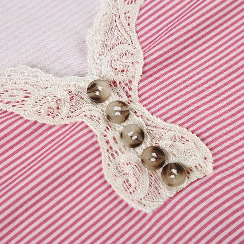 Chic Pink Striped Lace Henley Top – Cozy Fall Essential for Women