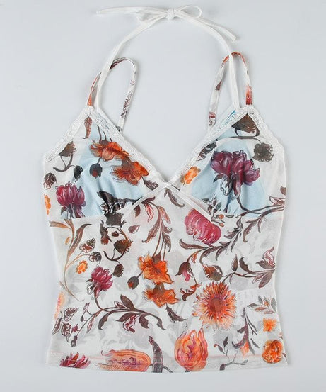 Y2K Romantic Floral Mesh Halter Top with Lace Trim - Autumn Bloom Sheer Cami