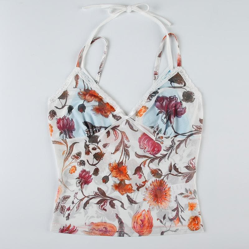 Y2K Romantic Floral Mesh Halter Top with Lace Trim - Autumn Bloom Sheer Cami