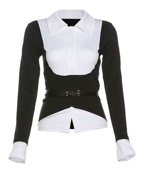 Sleek Black & White Belted Mini Dress | Faux Shirt & Skirt Design for Fall