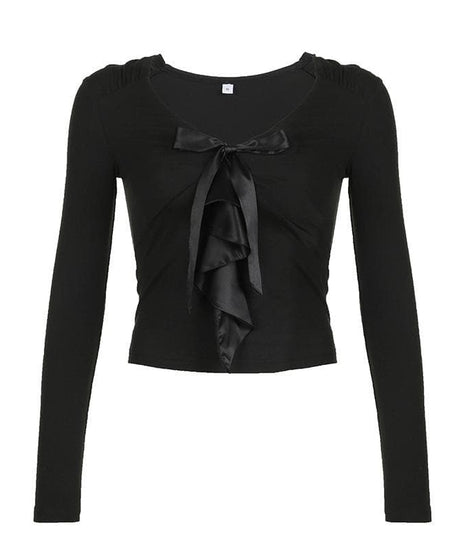 Elevated Fall Chic: Black V-Neck Long Sleeve Top with Satin Ruffle Detail