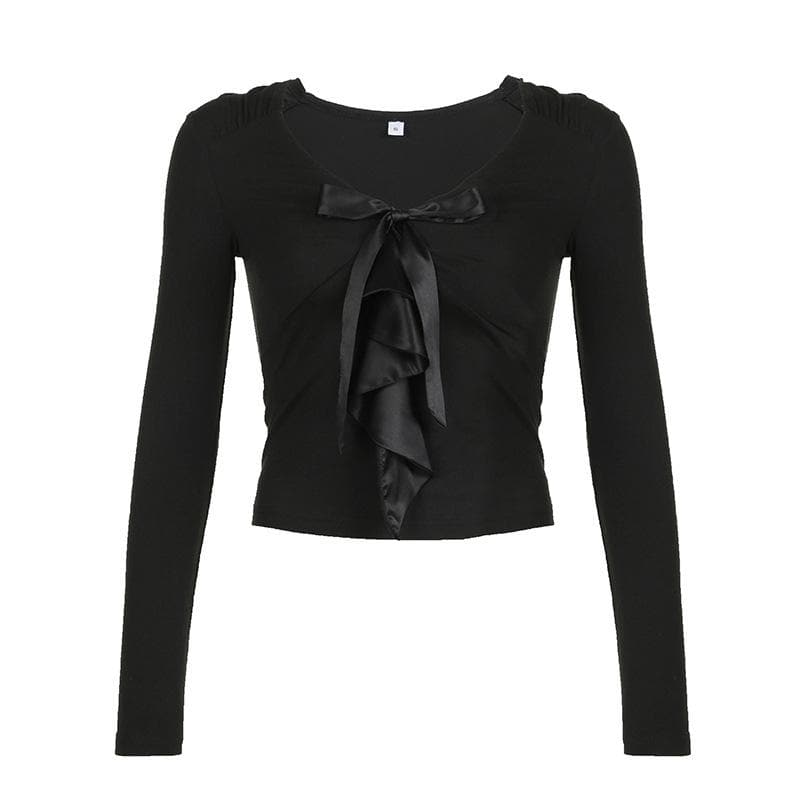 Elevated Fall Chic: Black V-Neck Long Sleeve Top with Satin Ruffle Detail
