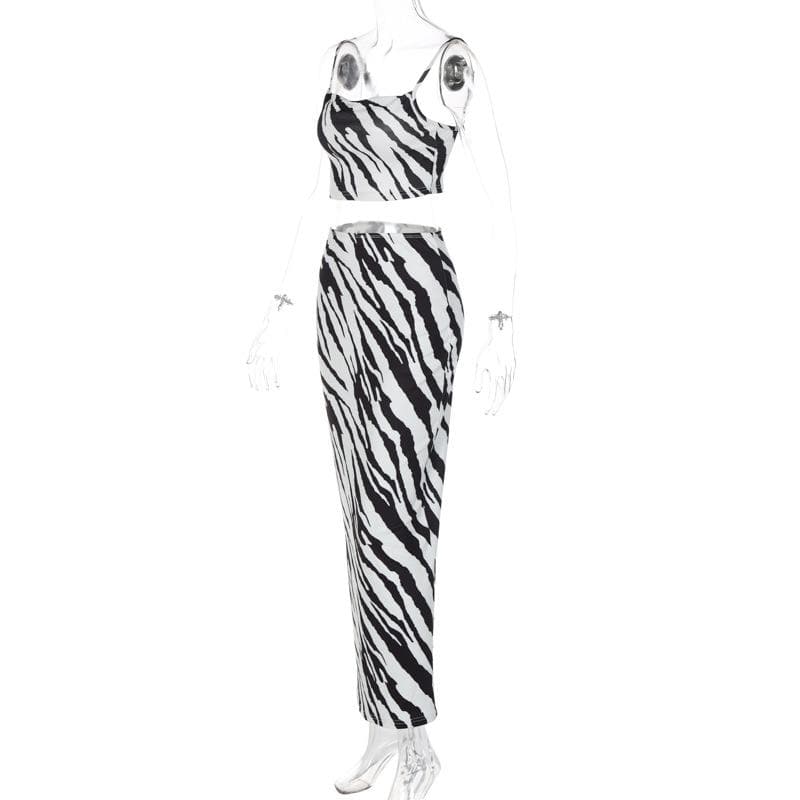 Wild Style Zebra Print Crop Top & Maxi Skirt Set - Chic Two-Piece Fall Outfit