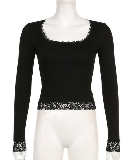 Fall Chic: Black Lace Trim Square Neck Long Sleeve Top | Versatile & Elegant Essential