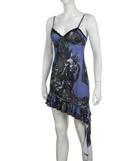 Mystic Bloom Dark Fantasy Slip Dress - Lace Trim Cami Mini for Edgy Fall Nights & Halloween