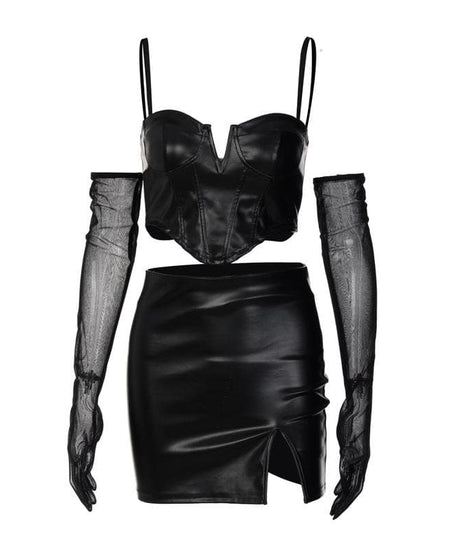 Slay the Night: Faux Leather Corset & Slit Mini Skirt Set with Sheer Mesh Gloves – Halloween & Fall Party Ready
