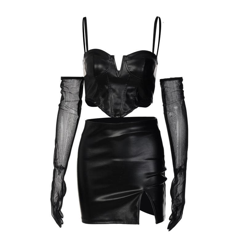 Slay the Night: Faux Leather Corset & Slit Mini Skirt Set with Sheer Mesh Gloves – Halloween & Fall Party Ready