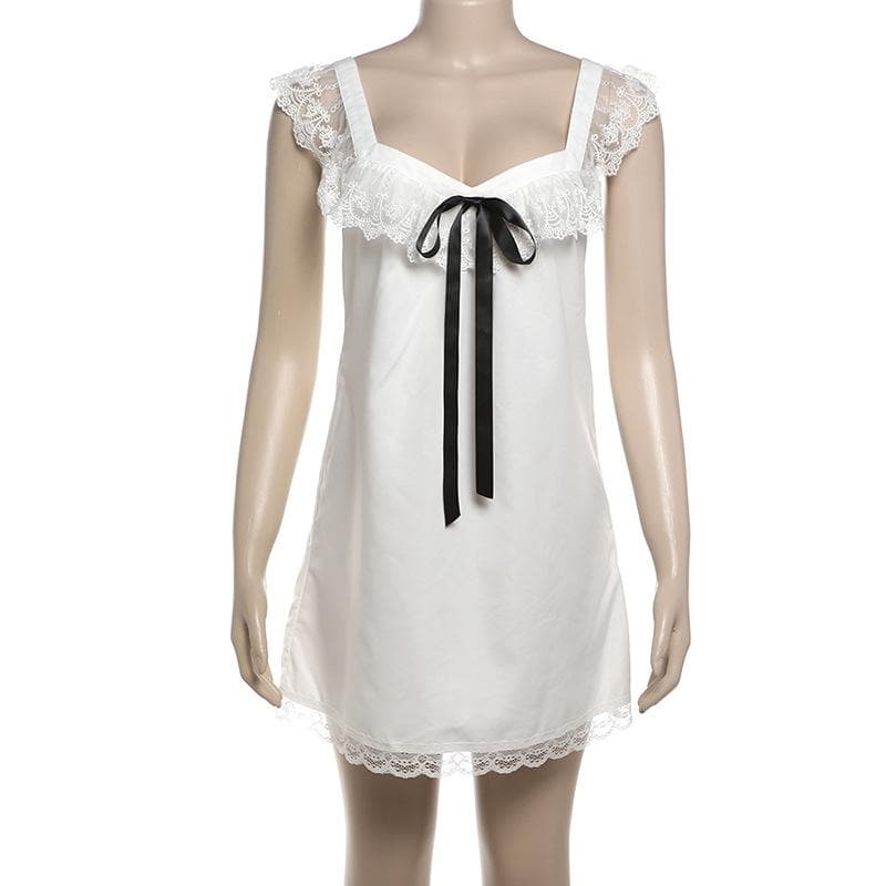 Dreamy White Satin & Lace Babydoll Chemise with Black Ribbon Bow – Elegant Fall Loungewear & Holiday Gift