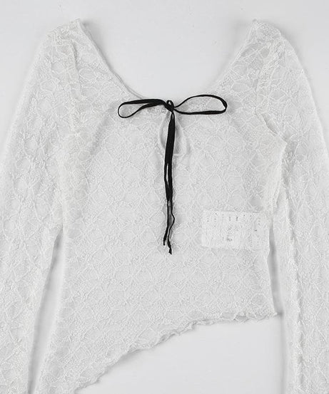 Romantic Lace Bow Front Asymmetrical Bell Sleeve Top - Fall's Must-Have Sheer Layer